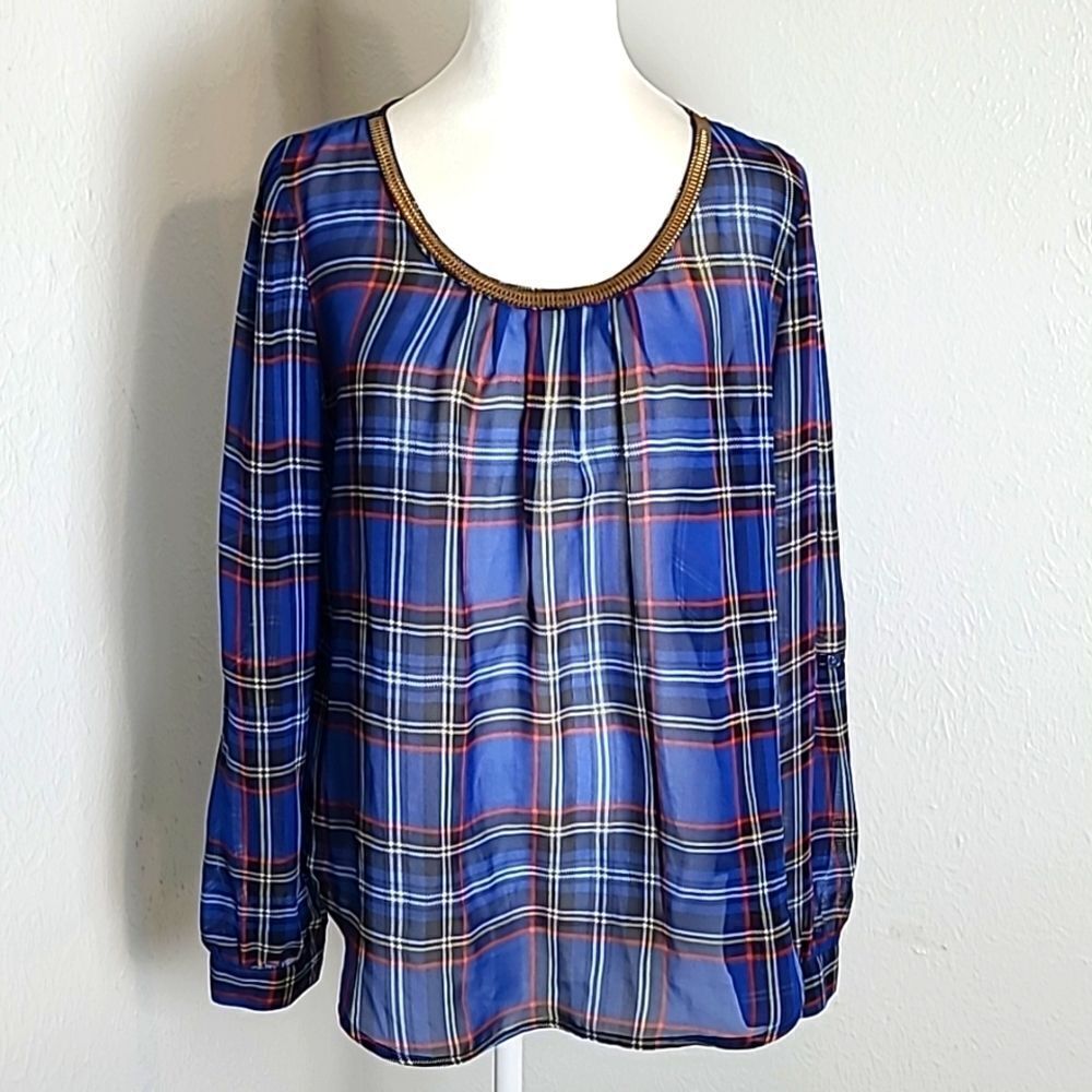 E hangar M Royal Blue Plaid Sheer Top w/Gold Accent Neckline, Size Large - Picture 2 of 11